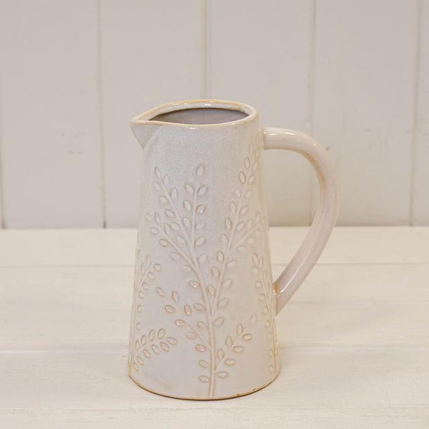 Ceramic Natural Jug With Olive Branch Design, tall cream jug with delicate olive branch pattern