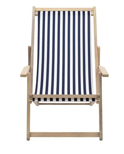 Gallery Direct Creta Wooden Striped Navy Blue Garden Chair showing wooden frame and navy blue striped fabric for outdoor seating.