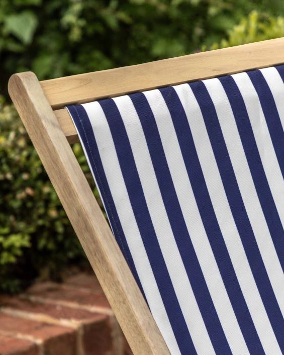 Creta wooden stripped navy blue garden chair from Gallery Direct, featuring a stylish, comfortable outdoor seating design.