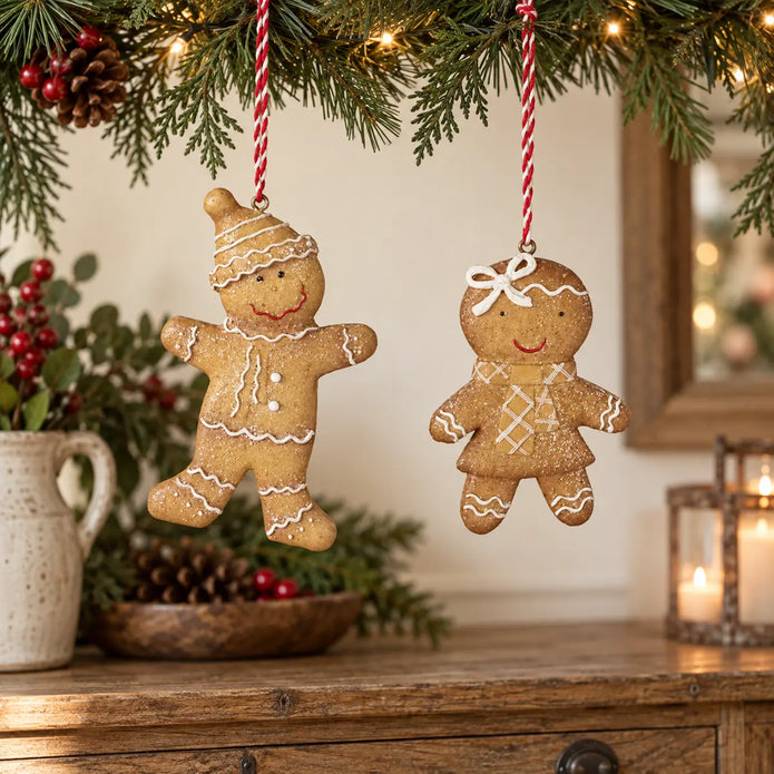 Pair of hanging gingerbread people displayed beneath a Christmas garland