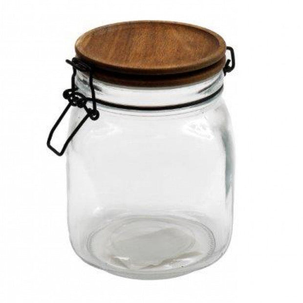 Wooden Lidded Glass Pantry Storage Jar, small clear glass jar with a wooden clip lid against white