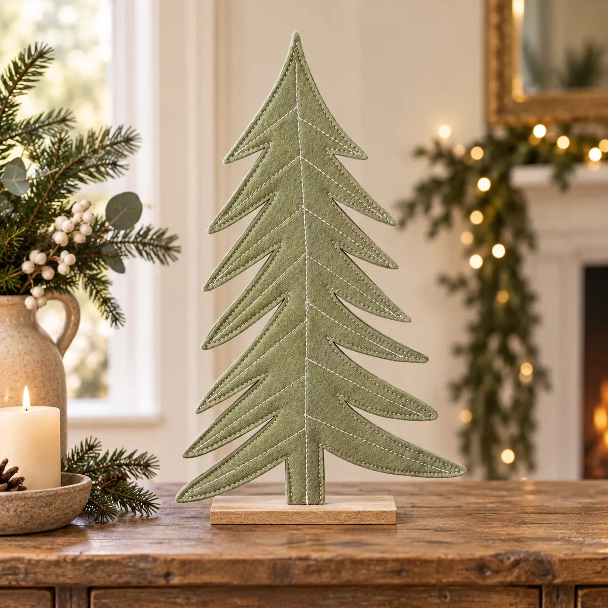 Tall sage green felt Christmas tree styled on an oak console