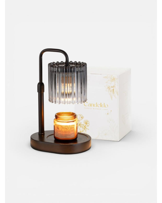 LED Candle Warmer Lamp With Black Glass Ribbed Shade