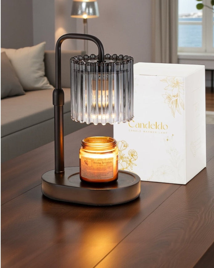 LED Candle Warmer Lamp With Black Glass Ribbed Shade