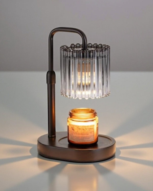 LED Candle Warmer Lamp With Black Glass Ribbed Shade