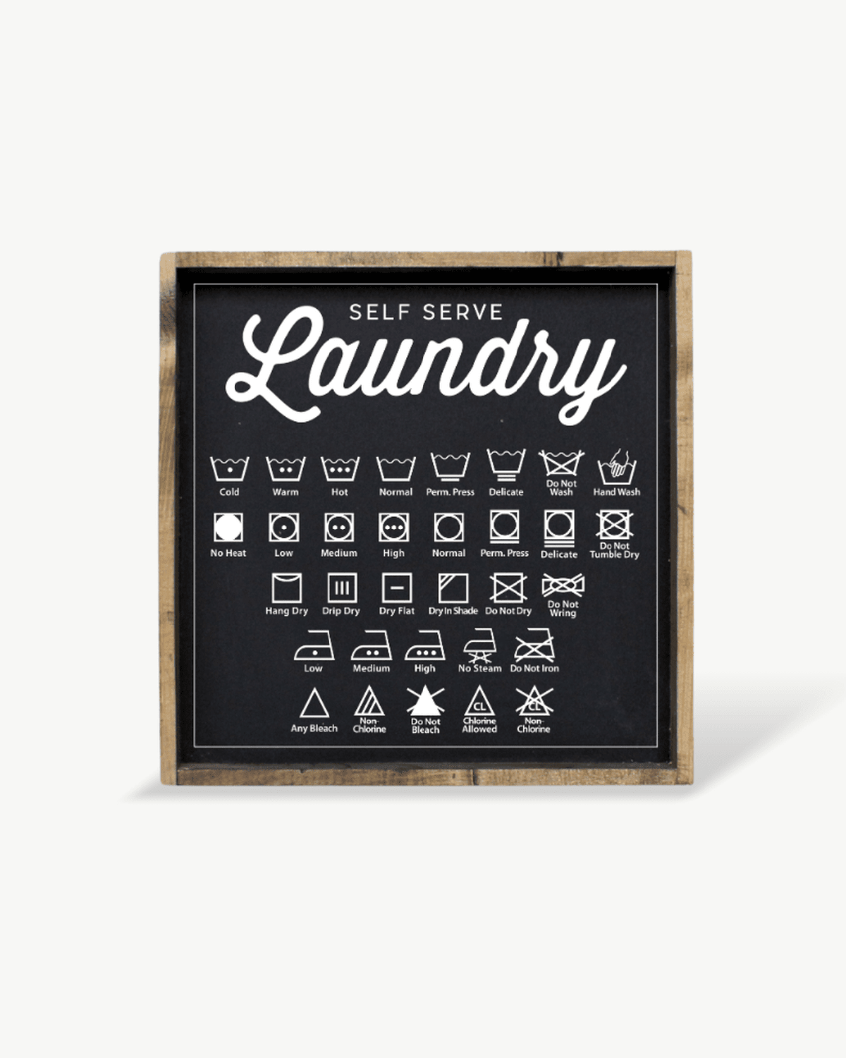 Framed laundry symbol chart on a white background