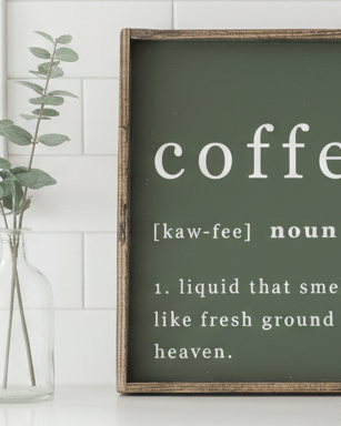 Large olive green framed coffee-themed home decor sign by Williamraedesigns, handcrafted wall art with stylish lettering.