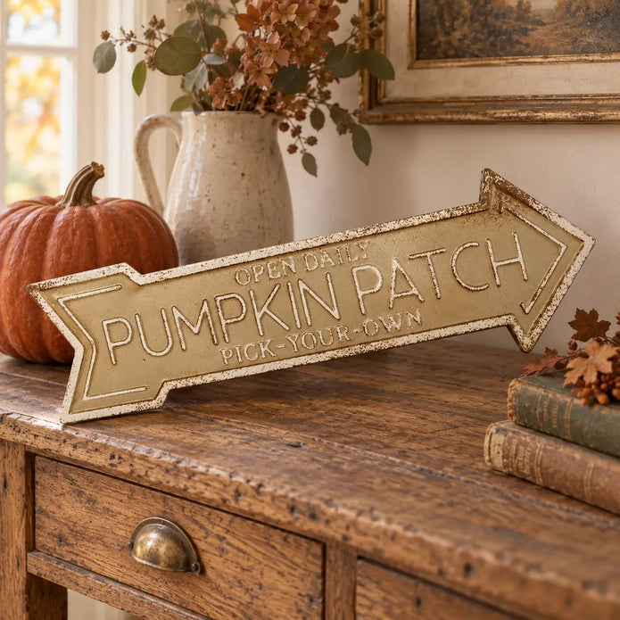 Large gold pumpkin patch arrow sign for autumn decor, featuring a stylish design by Heaven Sends.