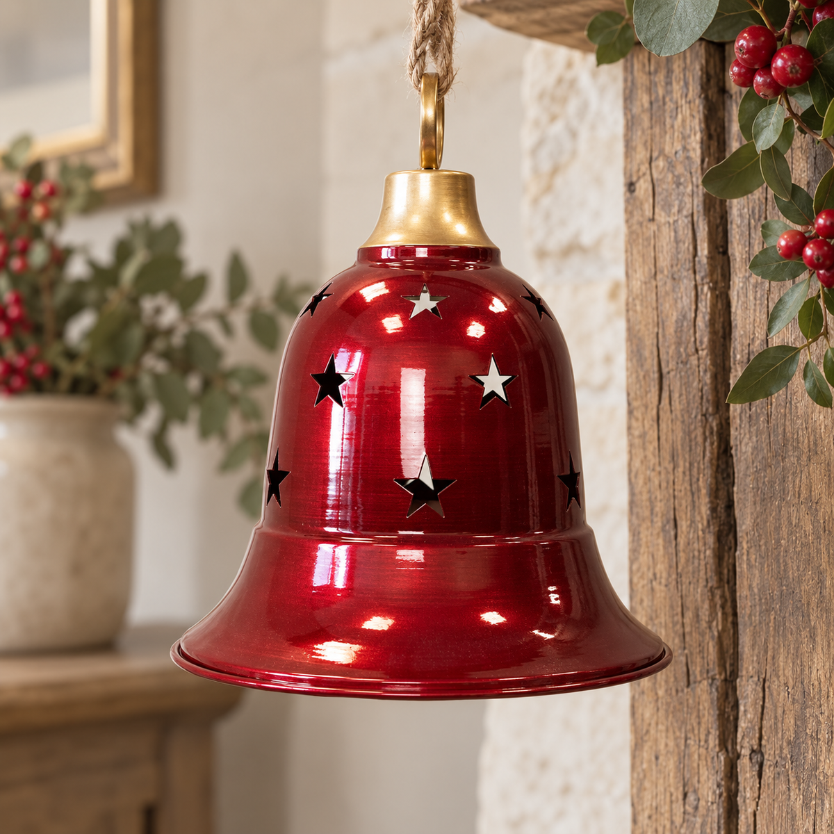 Glossy Red Metal Bell With Cutout Detail Large – close-up product detail