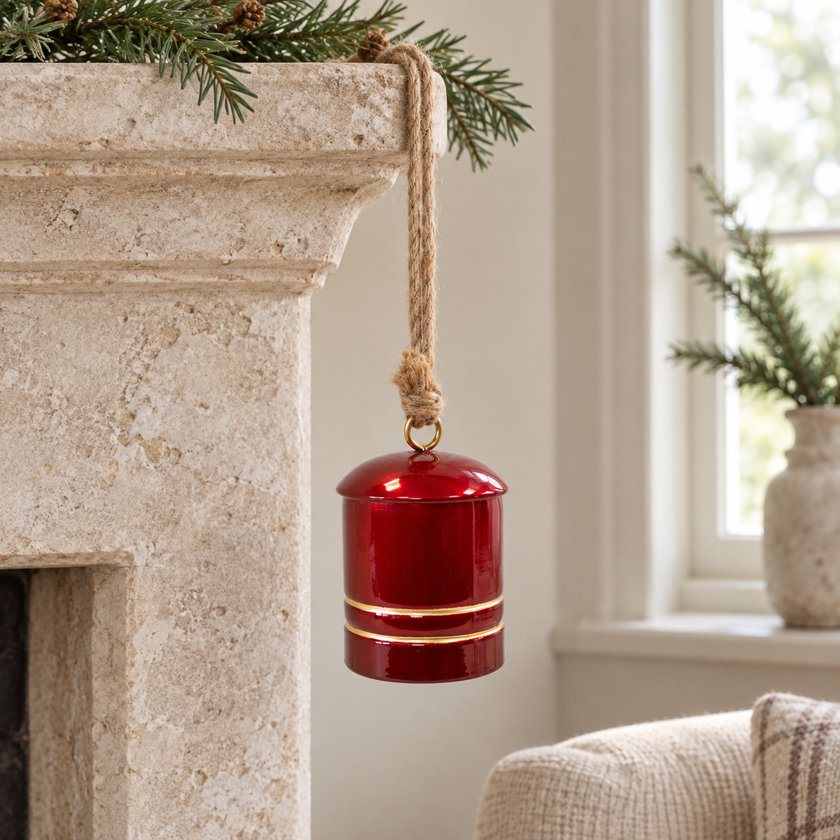 Glossy Red Metal Cowbell On Hanger – styled British country home view