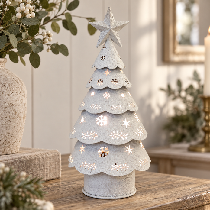 White Metal Light Up LED Cutout Christmas Tree – close-up product detail