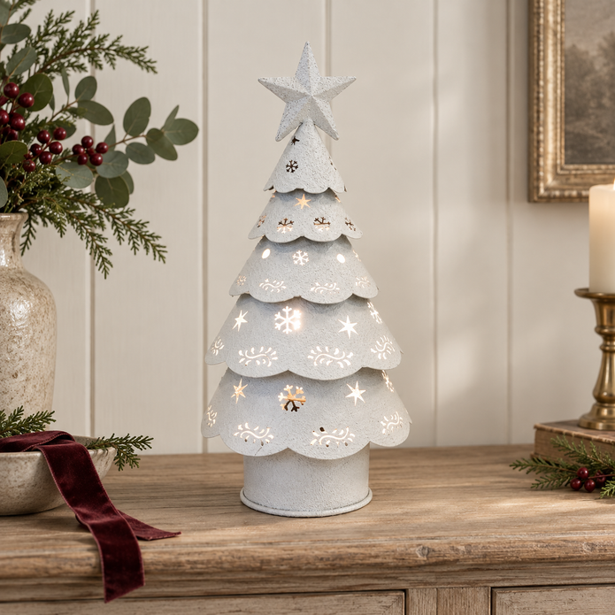 White Metal Light Up LED Cutout Christmas Tree – styled British country home view