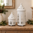 White rounded metal tealight houses in Small and Large sizes styled side by side