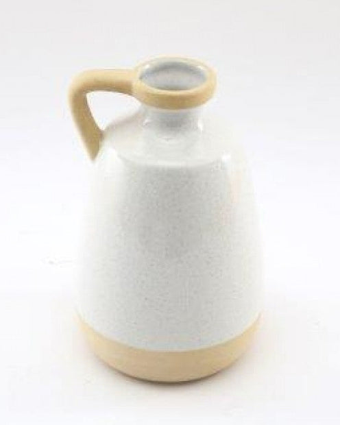 Neutral Ceramic Flower Vase, white ceramic vase with beige rim, handle and base against white