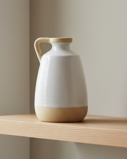 Neutral Ceramic Flower Vase, white and beige ceramic vase with a small handle on a shelf