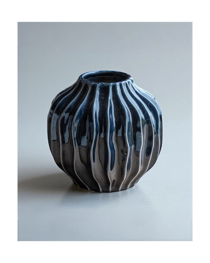 Navy Blue Organic Ribbed Vase