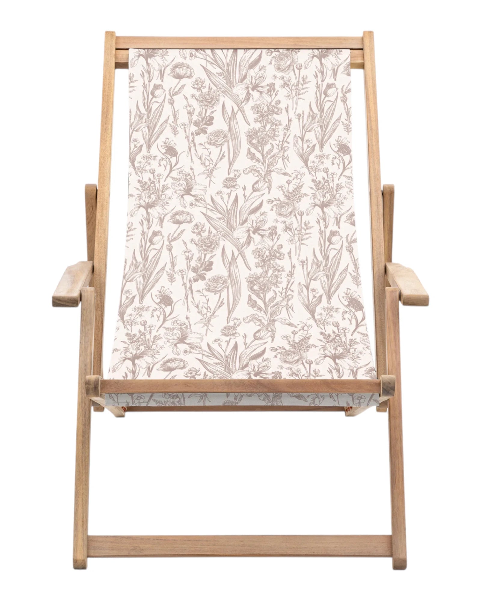 Beige Creta wooden floral deck chair from Gallery Direct, outdoor garden furniture with a floral-patterned backrest and wooden frame.