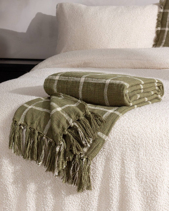Olive Green Checked Throw Blanket