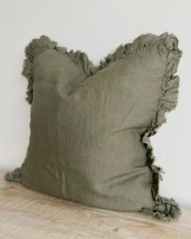 Olive Green Square Haliie Ruffled Edge Linen Cushion Cover