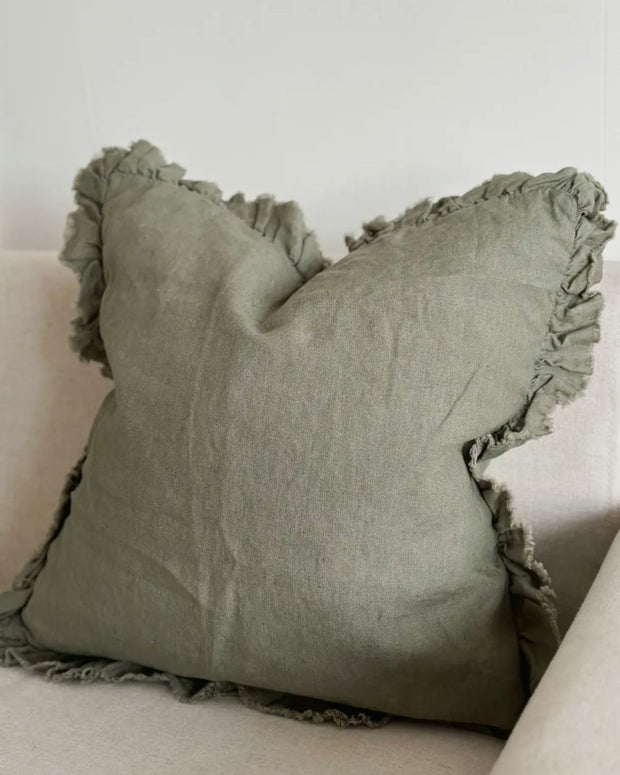 Olive Green Square Haliie Ruffled Edge Linen Cushion Cover