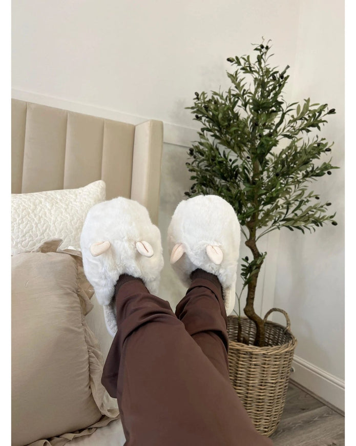 Oversized Cream Faux Fur Bunny Rabbit Slippers - Lulu Loves Home Lulu Loves Home 