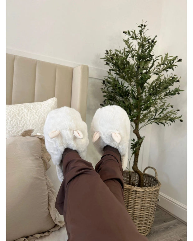 Oversized Cream Faux Fur Bunny Rabbit Slippers - Lulu Loves Home Lulu Loves Home 