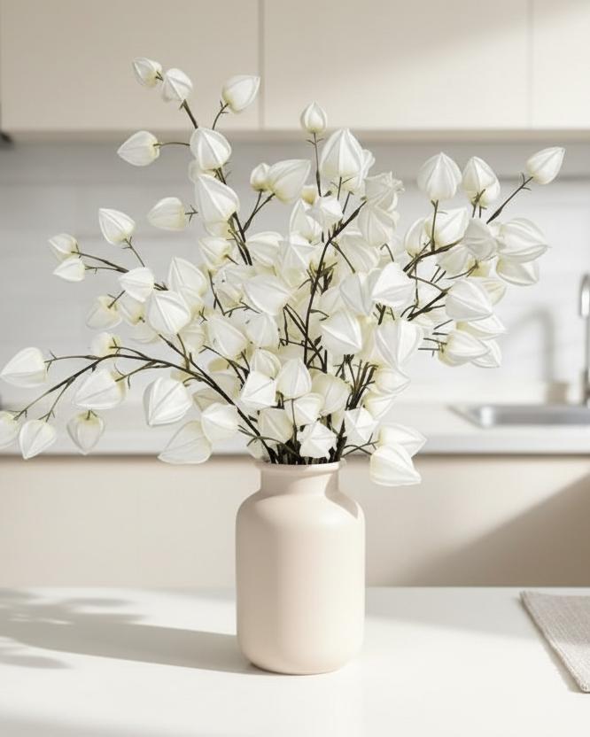 Artificial white lantern stem from Starlight Express, realistic white plant with lantern-shaped blooms for decorative arrangements.