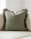 Olive green square linen cushion cover with ruffled edges from Ellenvale Trade, soft furnishings decor item.