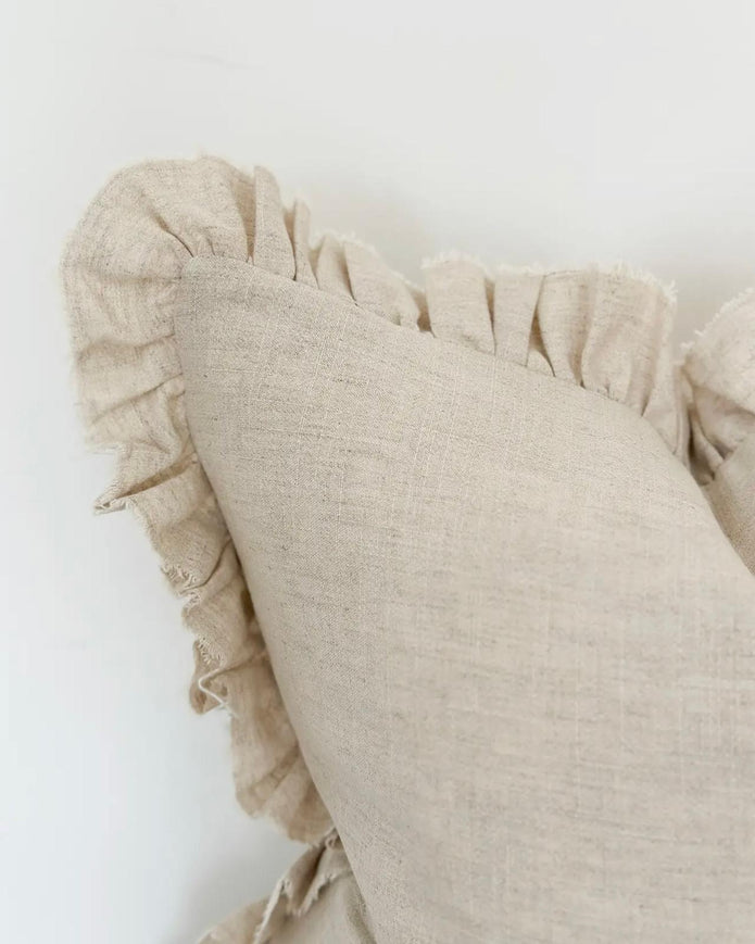 Grace beige square ruffle cushion cover from Ellenvale Trade, featuring soft furnishings with a large, stylish ruffled design.