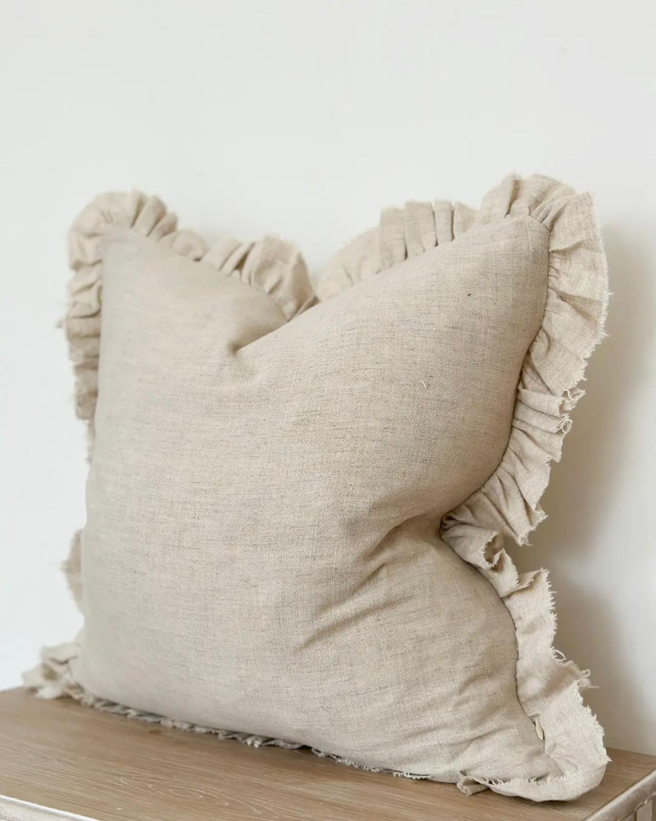 Grace beige square ruffle cushion cover by Ellenvale Trade, extra large size, soft furnishings with ruffled edge detail.