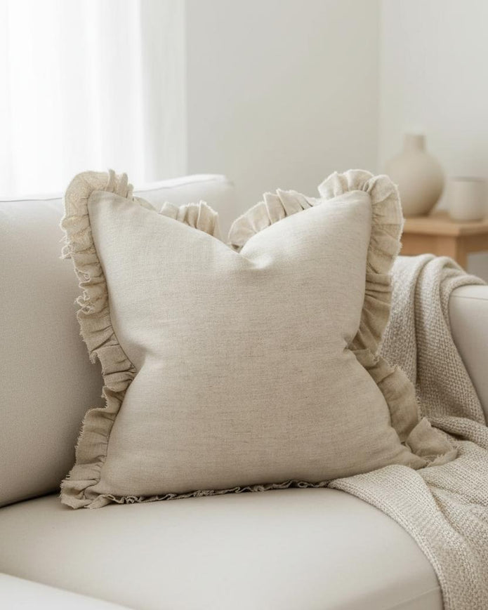 Grace beige square ruffle cushion cover by Ellenvale Trade, extra large soft furnishings with ruffled edges and plush fabric.