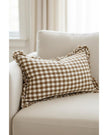 Brown rectangle gingham cushion cover by Ellenvale Trade, soft furnishings with classic check pattern, shown on a sofa.