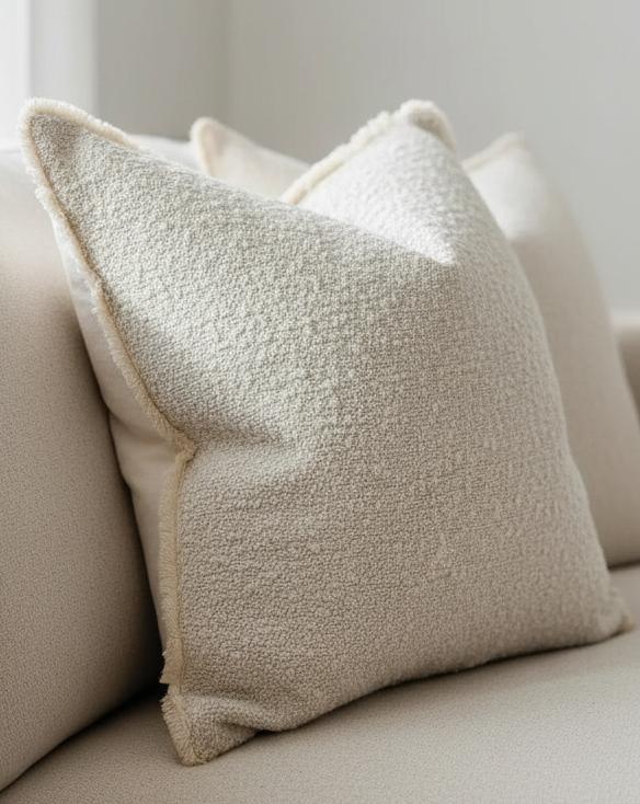 Cream neutral square Sofia boucle cushion cover from Ellenvale Trade, showcasing soft textured fabric and stylish design.