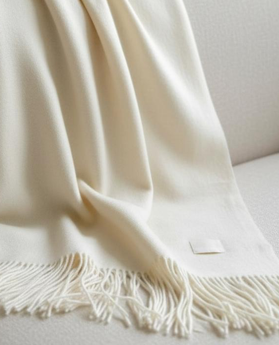 Ellenvale Trade Della Cream soft, fine knit luxury throw blanket laid out on a sofa, showcasing its cozy texture and elegant design.