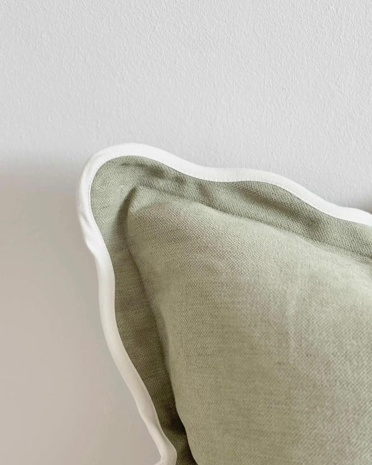 Sage green and cream square cushion cover with scalloped edges, soft furnishings by Ellenvale Trade.