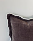 Chocolate brown square scalloped cushion cover by Ellenvale Trade, showing soft fabric with scalloped edges and decorative stitching.
