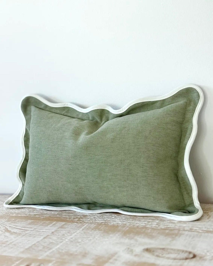 Chloe Sage Green and Cream rectangle scalloped edge cushion cover by Ellenvale Trade, soft furnishings with decorative scalloped trim.