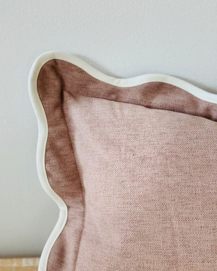 Dusty pink rectangle scalloped cushion cover from Chloe by Ellenvale Trade, soft furnishings with elegant scalloped edges.