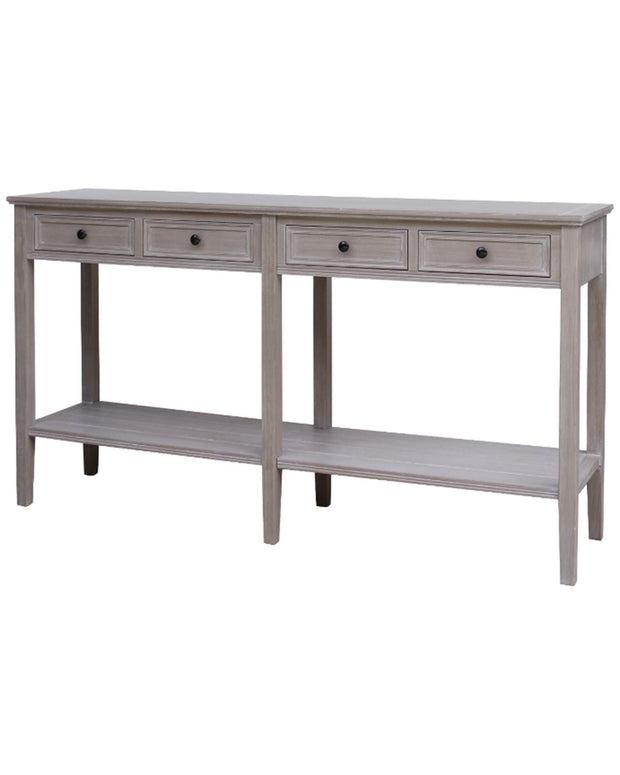 Hill Interiors Serene Collection four-drawer console table with sleek wooden finish and modern design, suitable for entryways or living rooms.