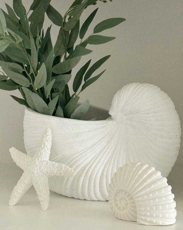 Large white matte shell vase by Heaven Sends, showcasing its smooth, shell-like design and elegant white finish.