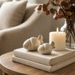 Neutral Ceramic Acorn, two cream acorns on books beside a candle