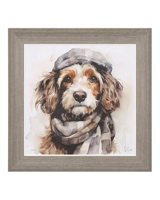 Framed artwork of a dog wearing a hat and scarf on a white background