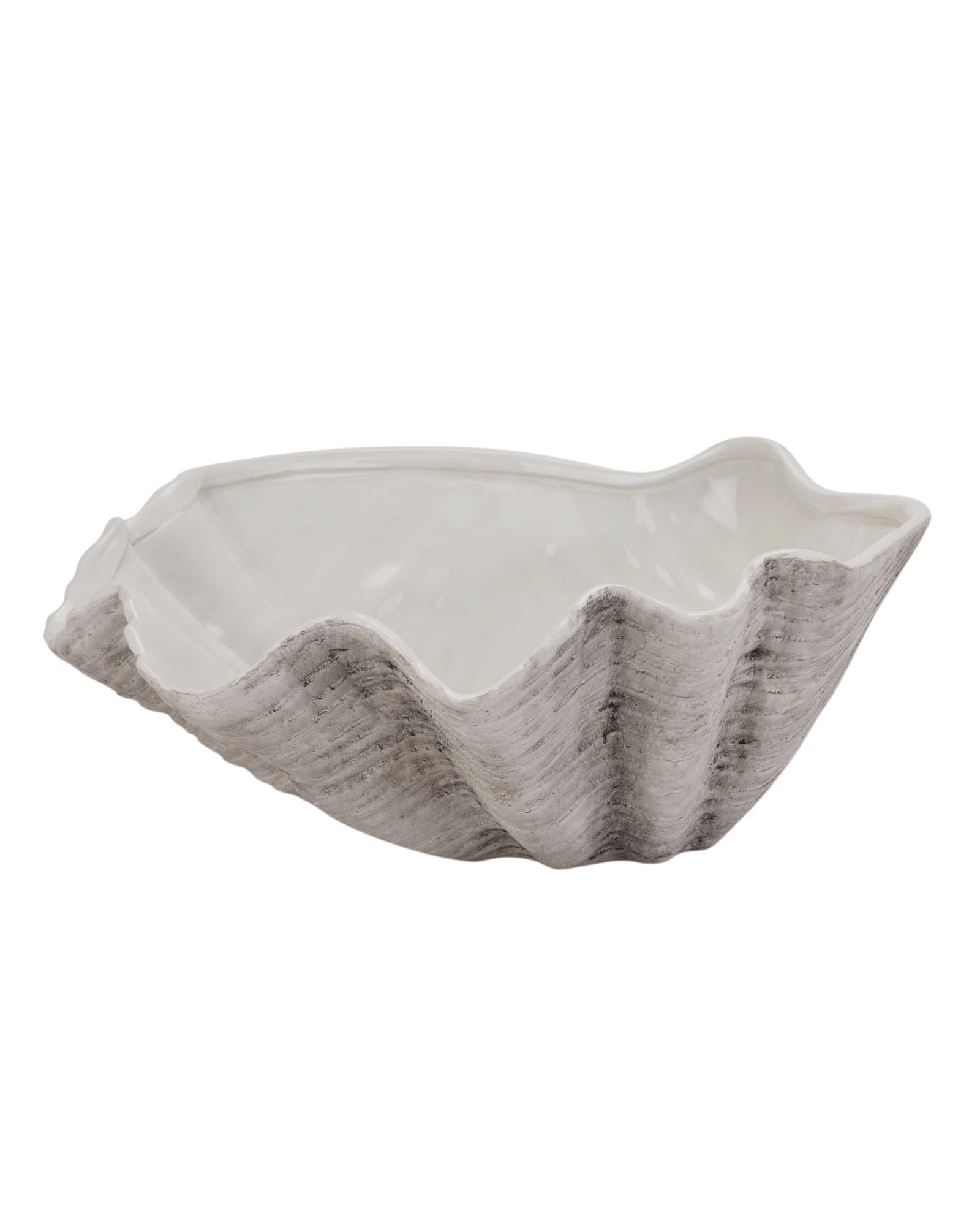 Large neutral stone clam shell bowl by Hill Interiors, perfect for home decor, featuring a matte finish and natural stone appearance.