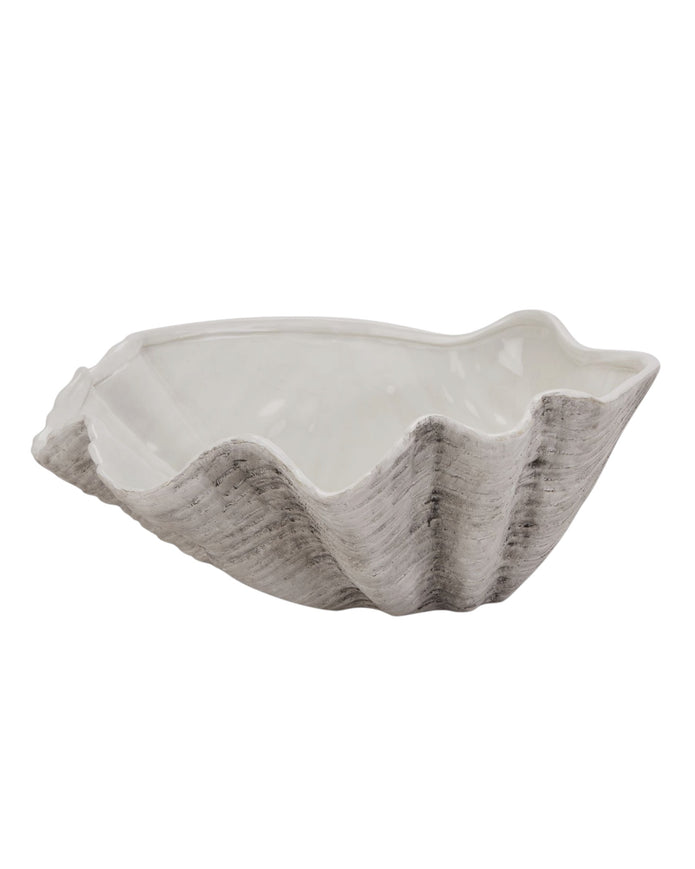 Large neutral stone clam shell bowl by Hill Interiors, perfect for home decor, featuring a matte finish and natural stone appearance.