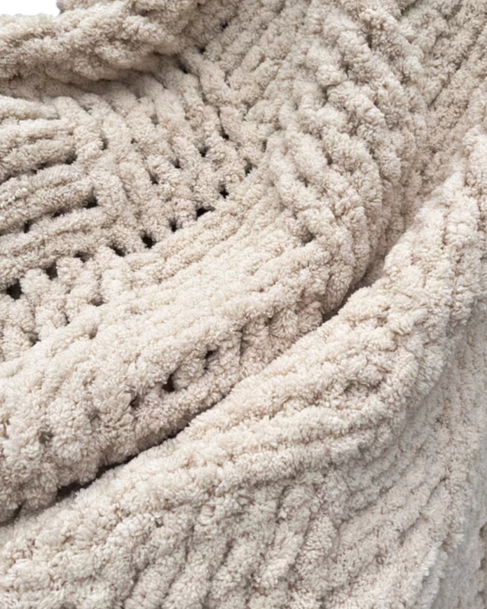 Beige checkered chenille chunky knit blanket throw from Starlight Express, soft furnishings with cozy, textured fabric.