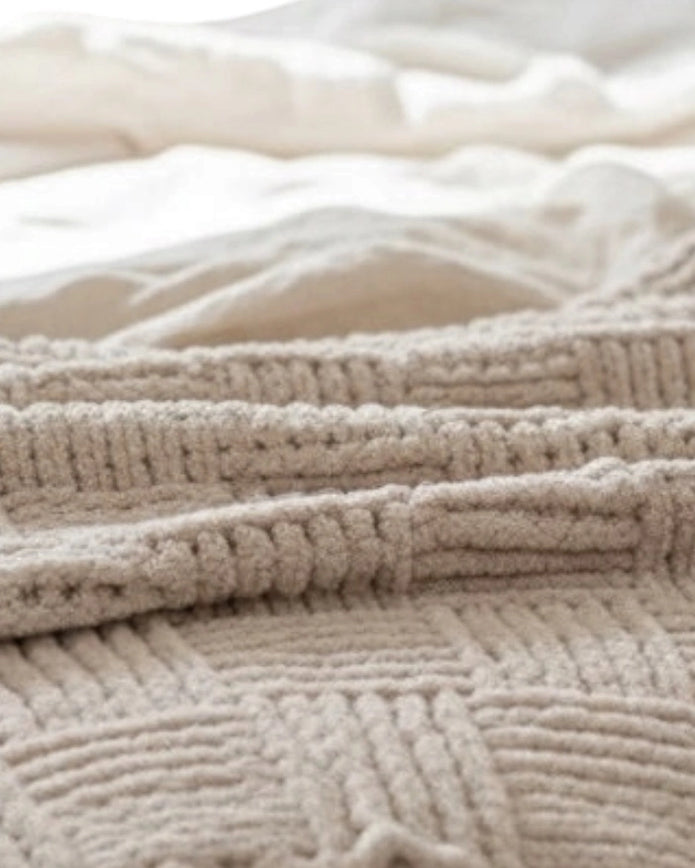 Beige checkered chenille chunky knit blanket throw from Starlight Express, soft and cozy for home decor and comfort.
