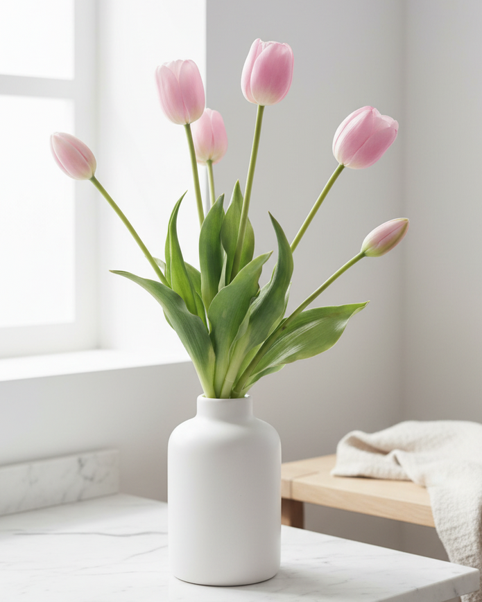 Tulip Stems - Bunch of 5 Artificial Spring Flowers - Soft Pink