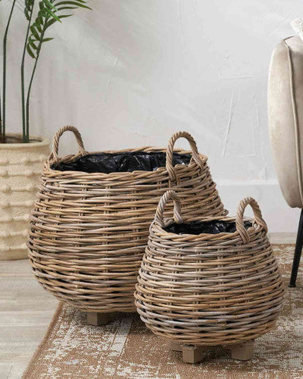 Rattan Kubu Luxury Lined Round Bulbous Storage Baskets - PRE ORDER THREE WEEK DELIVERY