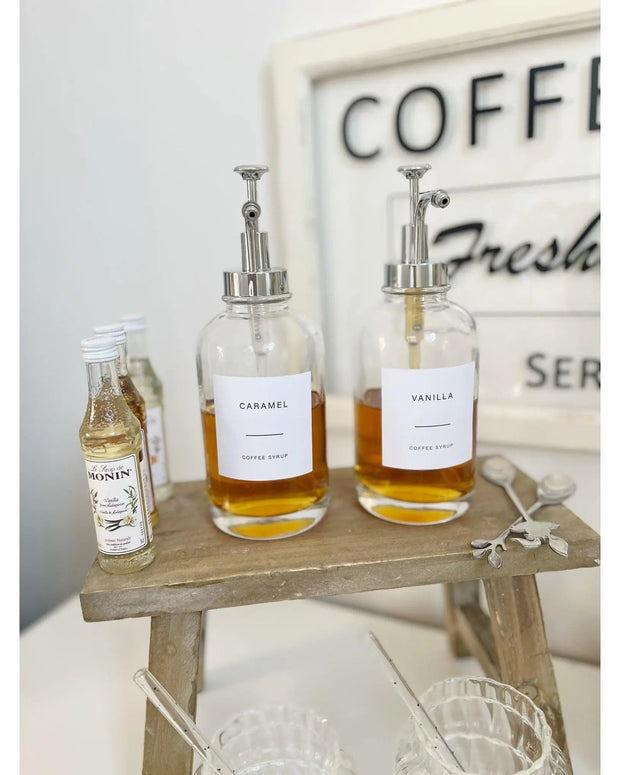 Silver Pump Dispenser And Label Set For Coffee Syrup Or Oil - Kitchen & DiningKitchen & Dining - Lulu Loves Home