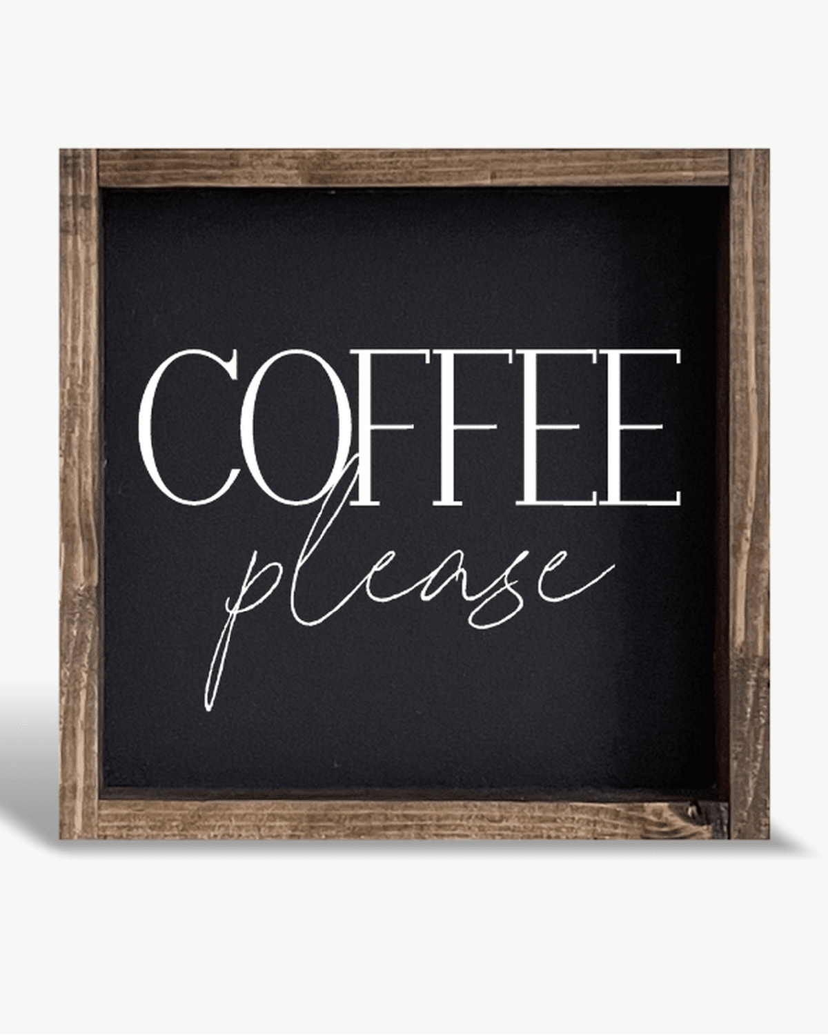 Decorative sign with 'Coffee please' text on a black background with wooden frame.